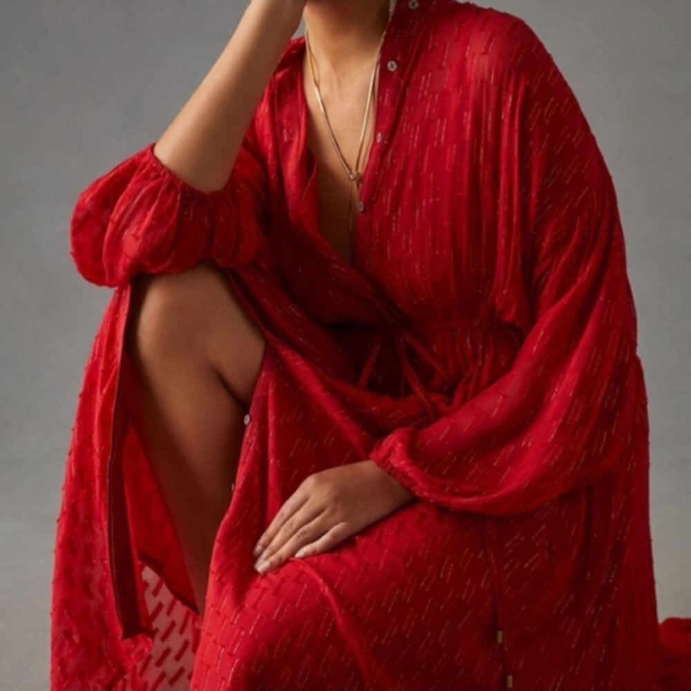NWT Anthropologie Red Gold Shimmer Button Front Dress - Picture 3 of 9